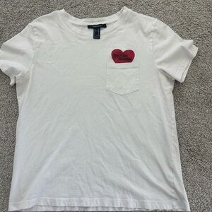 White T-Shirt with Red Heart Patch Pocket